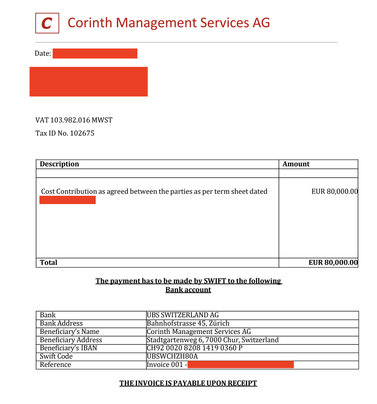 Corinth invoice showing UBS bank details