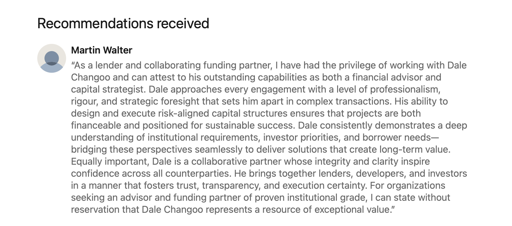 Martin Walter Model's LinkedIn recommendation of Dale Changoo