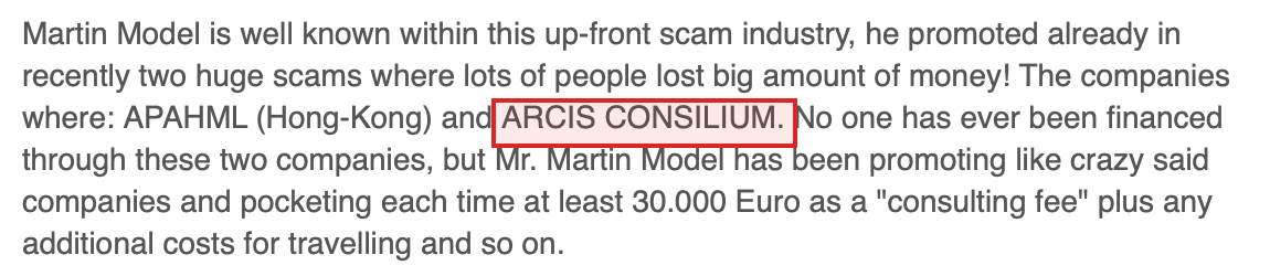 Ripoff Report naming APAHML and Arcis Consilium as Martin Model's prior scam companies