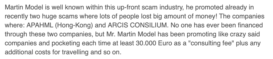 Ripoff Report complainant statement about Martin Model, filed March 2014