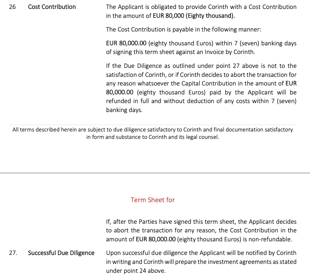 Article 26 of Corinth Group Term Sheet